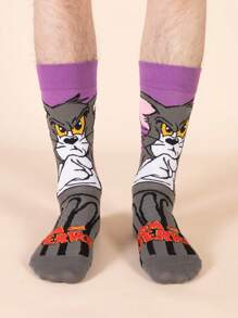 Warner Bros TOM & JERRY 2 Pairs Cute Cartoon Print Breathable Soft Mid-Calf Socks, Reinforced Heel And Toe For Durability, Unisex For All Seasons, Fall