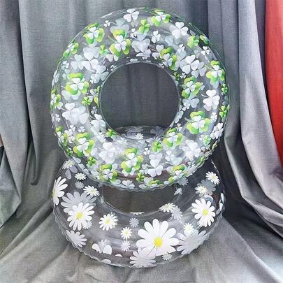 1pc Inflatable Daisy And Clover Print Swim Ring - Transparent Buoy In Multiple Sizes, Suitable For Pond, Lake, Beach - Lightweight Design, Dual Use As Garden/Home Decor And Pool Float