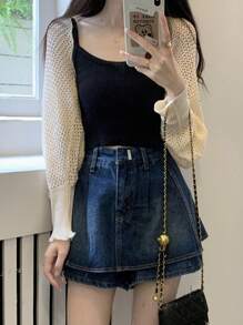 1pc Women High Quality Long Sleeve Thin Knit Shawl Cover Up, Hollow Out Design, Summer Lightweight Outwear