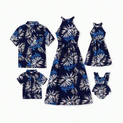 Family Matching Allover Plant Floral Print Halterneck Dresses And Short-Sleeve Shirts Sets