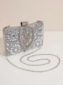 1 pieza Bolso de noche con cadena desmontable y decoración de strass plateado