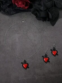 1 Set Gothic Goth Dunkel Kreuz Herz Anhänger Ohrringe & Halskette, Damen Alltagskleidung, Party, Halloween Geschenk