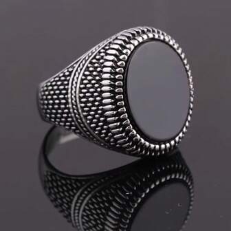 1 pièce Bague vintage avec pierre noire, bagues pour hommes. Bague incrusté d'onyx imitation pour hommes. Bague en opale imitation, amulette en pierre, bijou cadeau pour la fête des pères