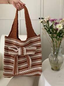 1 Peça Bolsa de Tricô de Grande Capacidade, Bolsa de Ombro Simples, Bolsa Transversal, Bolsa Estampa de Laço Dupla Cor Listrada Essencial para Sair, Viagem, Fotografia, Trabalho, Transporte de Roupas, Cosméticos, Pequenos Itens, Bolsa de Viagem, Adequada como Presente para Amigos, Família, Namoradas, Decoração de Quarto, Volta às Aulas, Itens Essenciais de Viagem