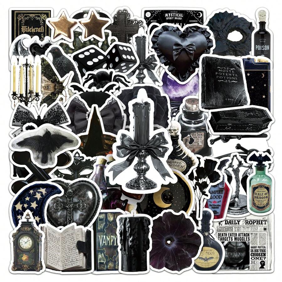 50Pcs Dark Academia Stickers INS Stickers Witch Stickers Y2k Stickers Graffiti Stickers Aesthetic Stickers Insect Stickers Vinyl Waterproof Stickers Stickers For Water Bottle, Hydroflask, Guitar, Luggage, Phone, Case, Laptop, Skateboard, Gift - Multicolor - View 1