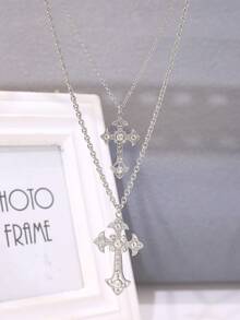 1pc Vintage Double Cross Pendant Necklace, St. Patrick's Day Gift, Women's Holiday Jewelry Present (Jewelry Box Not Included) - Gold - View 9