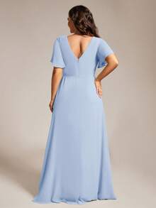 EVERPRETTY Plus Size Butterfly Sleeve V-Neck Ruched High Slit Light Blue Bridesmaid Dress, Suitable For Weddings, Parties, Spring/Summer Wedding Guest Formal Dresses, Vacation - Baby Blue - View 3
