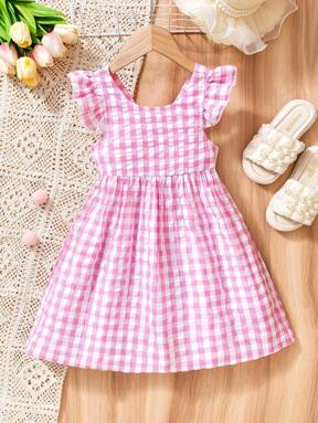 Girls Gingham Sleeveless Bowknot Dress, Pink Country Style Summer Outfit For Kids, Suitable For Rural Picnics, Summer Outings, And Daily Wear. Fits Girls Aged 4-7, Spring/Summer