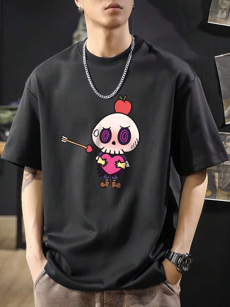 Cute Skull Apple Heart T-Shirt Men's Fashion, Men's 220gsm New Summer Casual Crew Neck Pure Cotton Short Sleeve T-Shirt (1 Pc) - 黑色 - 查看 1