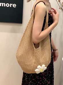 Hollow Out Knitted Tote Bag, Large Capacity Women's Handbag Beach Bag, Unlined, Made Of Polyester Fiber, Suitable For Summer Beach Vacation, Casual Party Gift