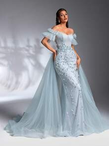 IBTRLY Luxurious Elegant Light Blue Sheer Floral Embroidered Mesh Patchwork Off Shoulder Trailing Formal Dress, Suitable For Formal Banquet, Party, Wedding, Birthday Party (Heavy-Duty Version) (Size Runs Small, Customers Advised To Check Size Chart) - Baby Blue - View 5