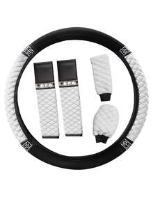 5 件套闪亮汽车方向盘套、手刹套、换档旋钮套、肩垫、15 英寸水钻软皮弹性方向盘保护套、适合女性女孩的闪亮水晶钻石、适合大多数汽车的汽车内饰配件、1 件皮革钻石镶嵌汽车方向盘套 - 款式A - 查看 7