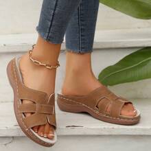 Women's Wedge Heel Slides Sandals, Fashion Stitched Casual Slip On Flat Preppy Beach Vacation Shoes For Summer