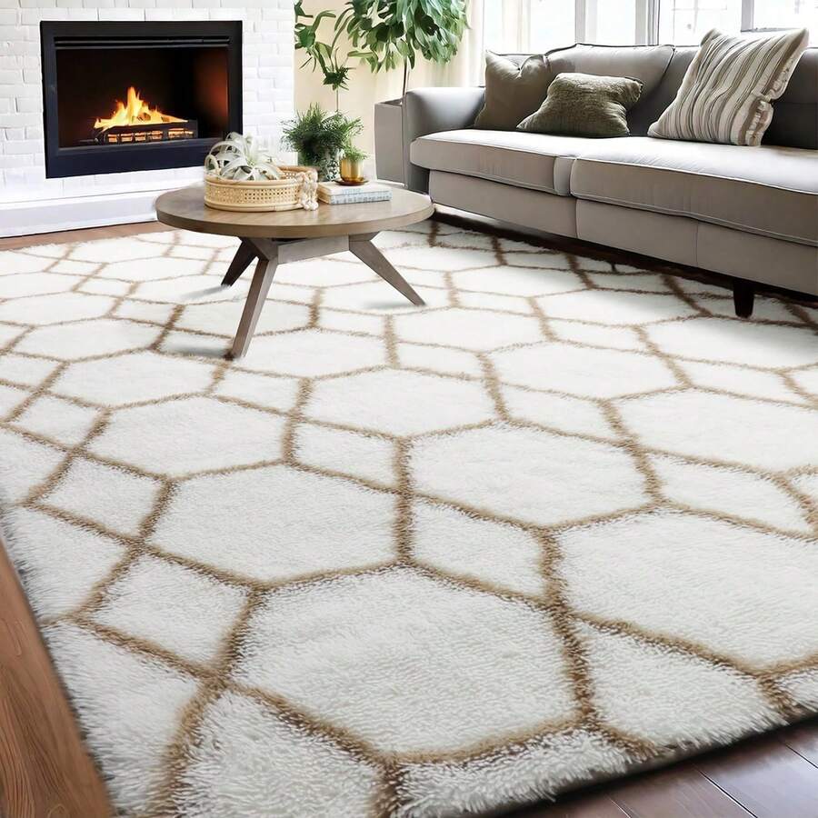 Treeboy Fluffy Rugs Living Room, Grey Area Rugs For Bedroom, Washable Anti Slip Large Shaggy Soft Rug Fluffy Modern Carpets Mat Beside Area Rug For Living Room Kids Room - White & Beige - View 1