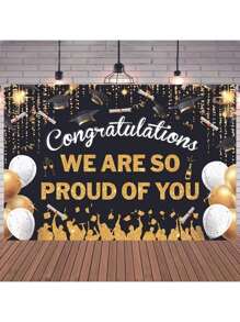 1 pieza de fondo de fotografía de graduación, sombrero de licenciatura negro y globo dorado, fondo de pancarta de celebración de fiesta de graduación