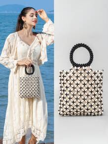 ENSPT One-Piece Set Of Contrasting Color Maple Wood Material Women's Handbag, With A Hollow And Lightweight Drawstring Closure, A Beach Bag For Women, Essential For Seaside Travel And Vacation.