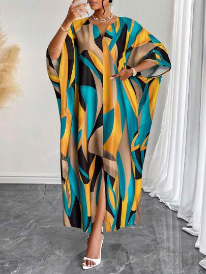 New Summer Loose Tie-Dye Women's Dress With Notched Collar And Dolman Sleeves (Random Print)