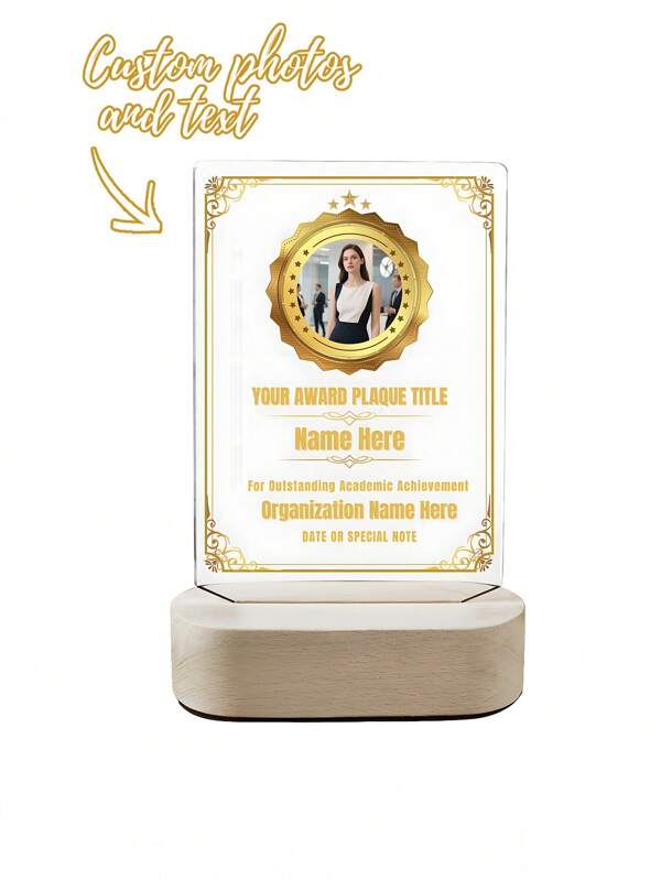 [2D Flat] Acrylic Award Plaques Personalized With Your Text Name And Photo - Plaque With Wooden Stand Customized For Employee Appreciation Recognition Retirement - Custom Awards For Employees Co-Worker Friends, School Supplies,Back To School