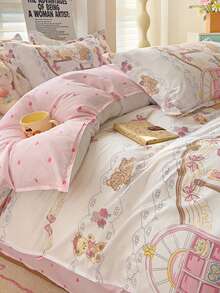 四件套蝴蝶结、爱心、格子、花朵、泰迪熊印花双面柔软磨毛床品套装（1件被套+1件床单+2件枕套），亲肤芦荟印花床品套装，适合儿童、幼儿、婴儿房、宿舍使用。 - 愛心蘿莉熊 - 查看 3