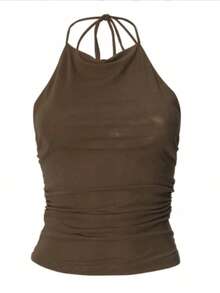 Budhaul 时尚露背背心返校街头服饰机场夏季女士夏季上衣 - 棕色 - 查看 5