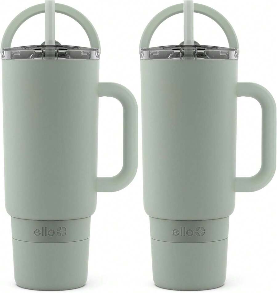 Ello Port 40oz Tumbler With Carry Loop &Amp; Integrated Handle, Vacuum Insulated Stainless Steel Reusable Water Bottle, Travel Mug With Leak Proof Lid &Amp; Straw, Perfect For Iced Coffee &Amp; Tea, White - 聖人 - 查看 1