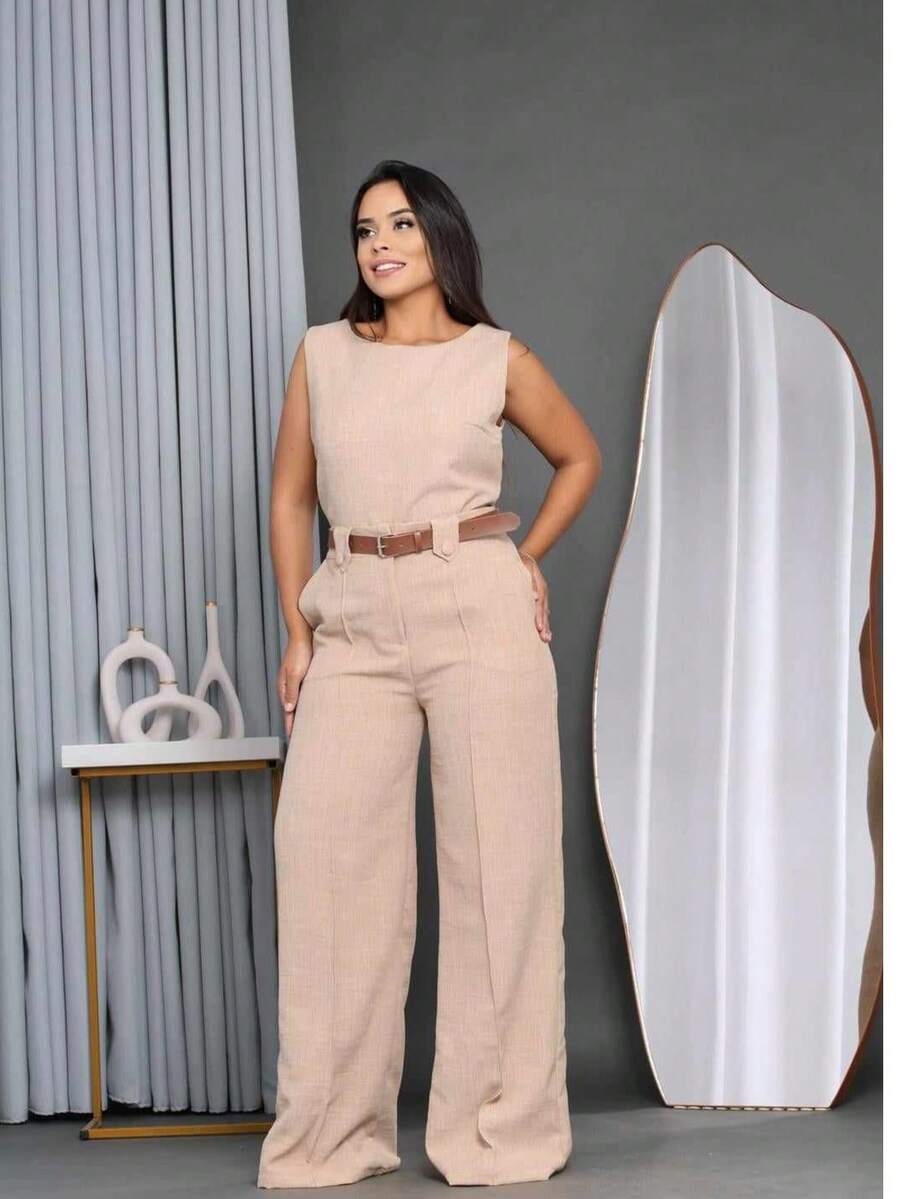 Women's Set Tank Top And Pants Tailored Simple Elegant Casual With Belt Pocket - 香檳色 - 查看 1