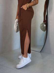 Long Dress With Slit And Pockets 100% Cotton - Óxido marrón - Ver 5