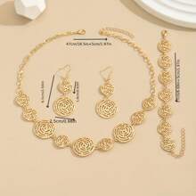 4 peças/Conjunto Conjunto de Joias Pulseira, Colar e Brincos com Elos Circulares Ocos em Estilo de Teia de Aranha Elegante e da Moda, Adequado para Mulheres como Presente, Férias e Uso Diário