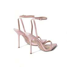 Baby Pink Barely There Strappy Heels For Women Open Toe Ankle Strap Stiletto Sandals Dress Shoes Wedding Bridesmaid Sandals - Hồng - Xem 5