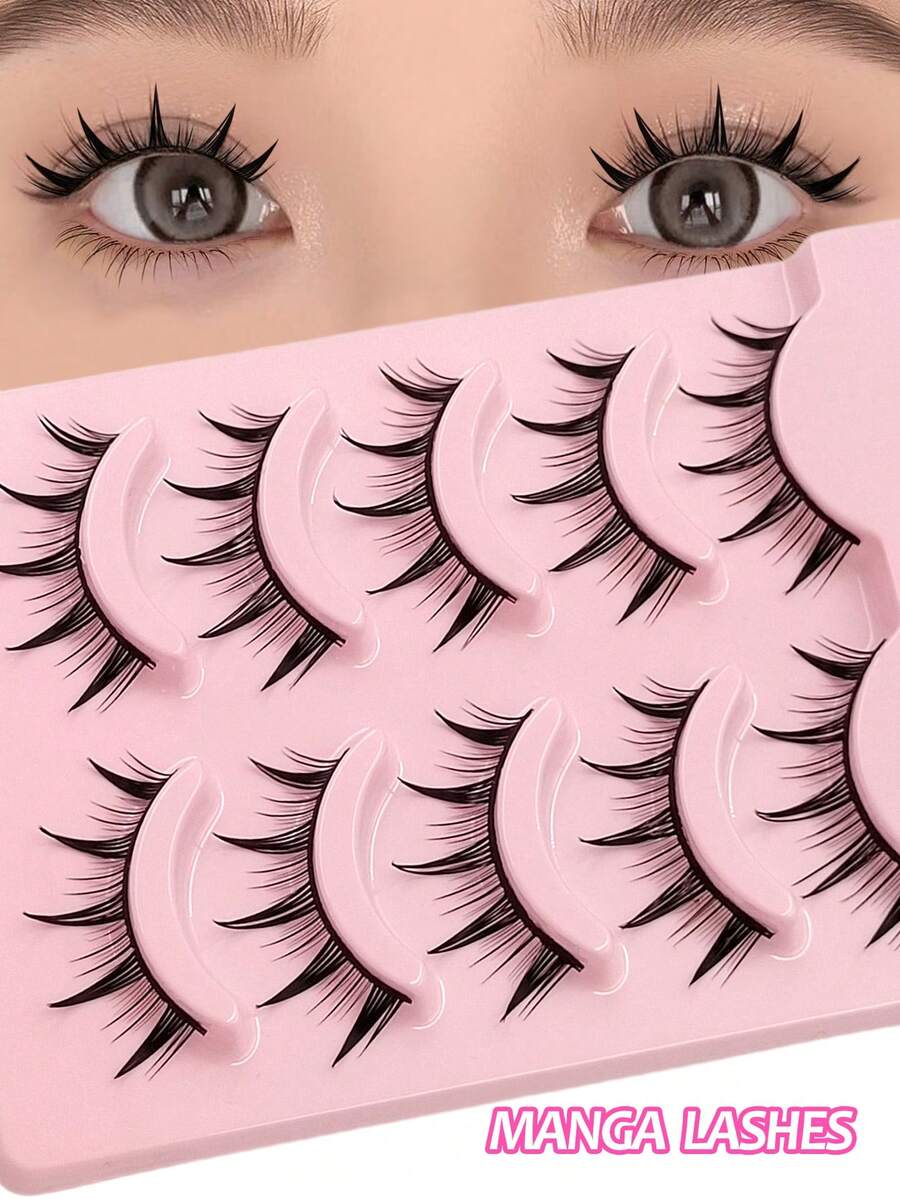 Asiteo 5 Pairs Manga Anime Lashes,Natural Look Faux Mink Lashes,3D Volume And Wispy Eyelashes Korean Japanese Asian Cosplay Eyelashes,For Used Daily Makeup Extension Reusable - 黑色 - 查看 1
