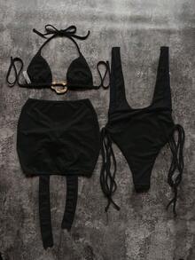 Women's Metal Decor Sexy Halter Tie Fashionable Bikini Top, Skirt And One-Piece Swimsuit Set - Black - View 4