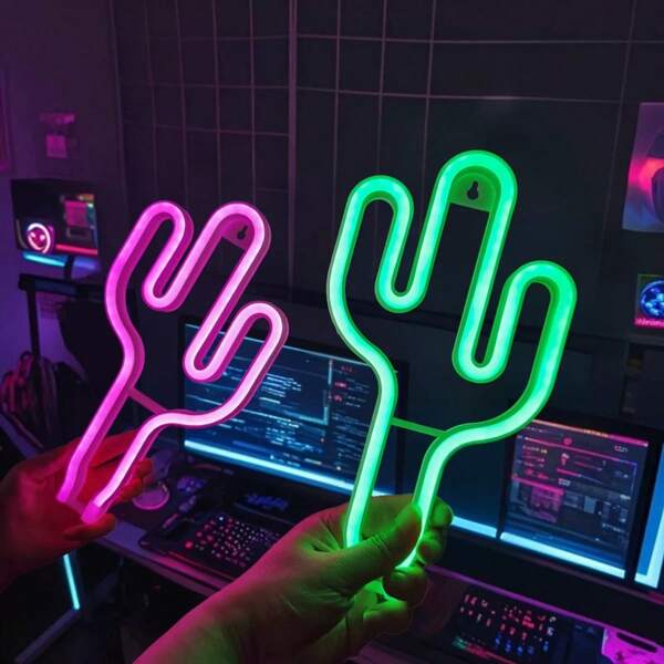 Grüne Kaktus Neonleuchte - LED Kaktus Neonlichtstreifen, Kaktus Neon Wanddekoration Neonlicht für Schlafzimmer, Batterie- und USB-betrieben Nachtlicht, Heimdekoration, Raumdekoration, Partydekoration, Cowboy Party Dekoration, Geburtstagsparty Dekoration