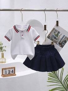 2pcs/Set Girls Summer Outfit, Include Loose Skirt And Striped Polo Shirt, Suitable For Young Girl, Party, Sports Events