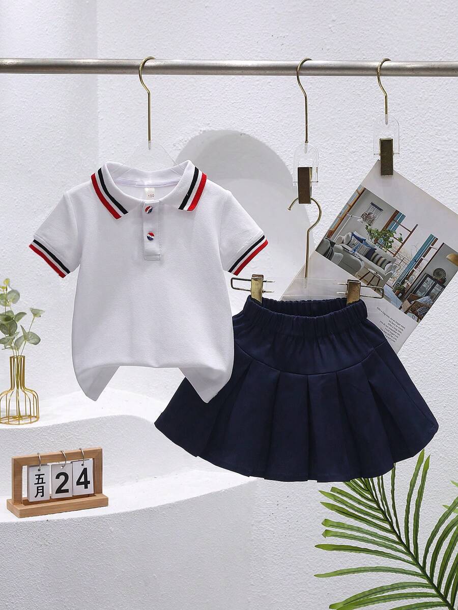 2pcs/Set Girls Summer Outfit, Include Loose Skirt And Striped Polo Shirt, Suitable For Young Girl, Party, Sports Events