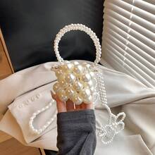 时尚金属珠柄迷你方形女士手提包，2025年夏季新款别致百搭单肩斜挎包，白色大号珍珠女士钱包，银色小号化妆包