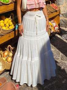 Falda larga con parches de encaje blanco de talle alto con efecto de "bubble", estilo bohemio, adecuada para festivales de música, conciertos, fiestas de Coachella, uso diario de chicas jóvenes, fotos de playa y vacaciones, estilo bohemio de verano