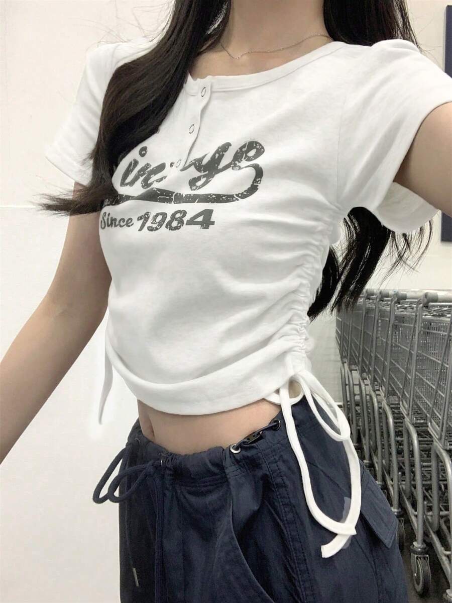 夏季韩版修身字母印花抽绳纽扣设计短袖T恤 休闲白色 - 白色 - 查看 1