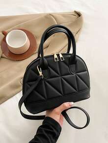 经典百搭时尚鳄鱼纹手提包，女士斜挎单肩包，简约皮革邮差包，圆形提手手提包，可调节肩带，商务公文包斜挎包 - 黑色 - 查看 3