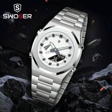 1pc Men's Executive Watch With Dual Display, Alarm And Date Function, Stainless Steel Strap