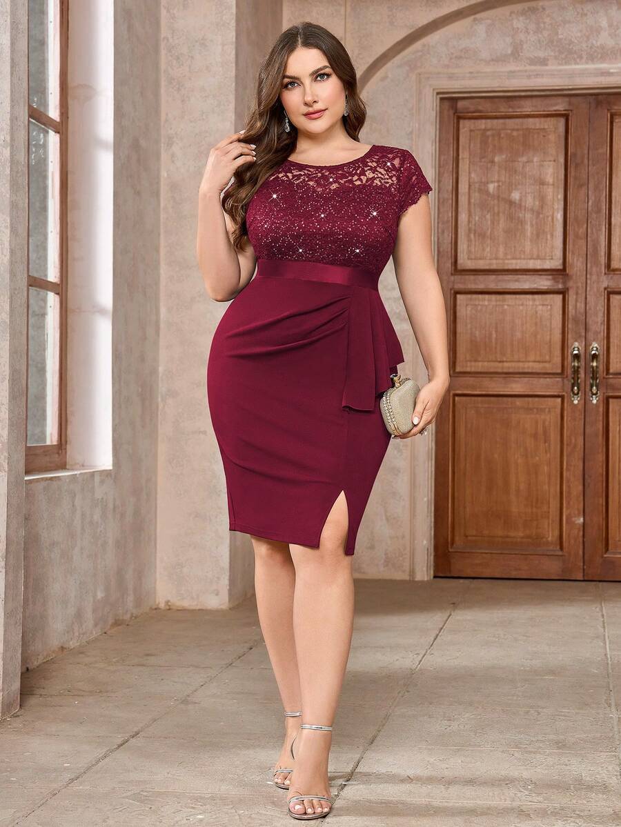 Plus Sequin Lace Bodice Ruffle Split Thigh Wrap Hem Cocktail Party Bodycon Dress, Valentine's Day Dress, Summer Dress, Evening Party Dress, Graduation Dress, For Birthday, Wedding Guest, Homecoming