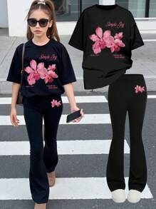 Conjunto de 2 piezas de pantalón acampanado con manga corta y estampado floral simple para adolescentes, conjunto de 2 piezas casual de verano para niñas