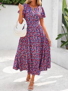 Women Summer Dress Casual Floral Short Sleeve V Neck Elastic High Waist Maxi Dress With Pockets Wedding Guest Boho Beach Holiday Hawaii Valentine Outfits - 紅藍色 - 查看 6