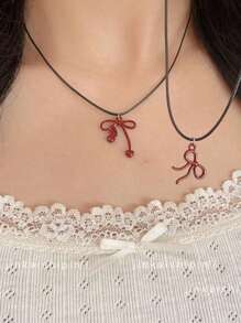 1pc Fashionable Red Bow Decor Pendant Necklace, Suitable For Ladies Daily Wear, Gift For Girlfriend/Wife On Valentine's Day, Birthday, Anniversary, Party