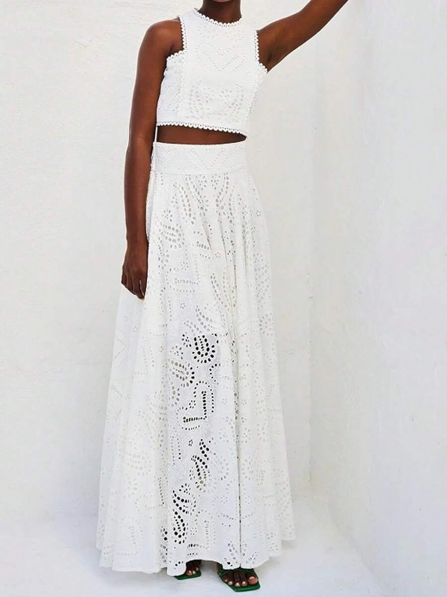 Women's Cutout Sleeveless Top High-Low Skirt Set - Summer Two-Piece Outfit - trắng - Xem 1