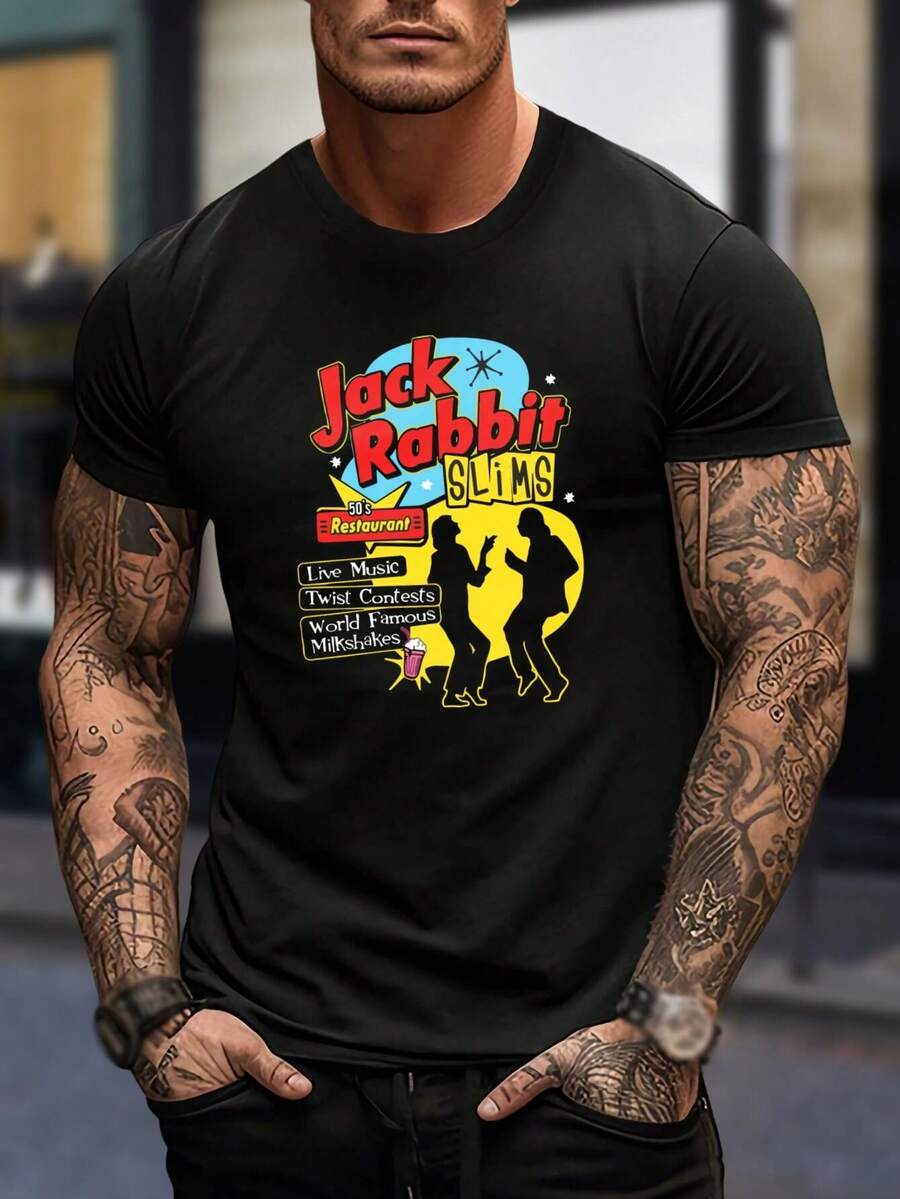 Camiseta Jack Rabbit Slims Retro de los años 50 para hombres y mujeres - Diseño gráfico de concurso de música en vivo - Camiseta informal negra - Ropa para fanáticos de películas clásicas - Cuello redondo de algodón suave - Negro - Ver 1