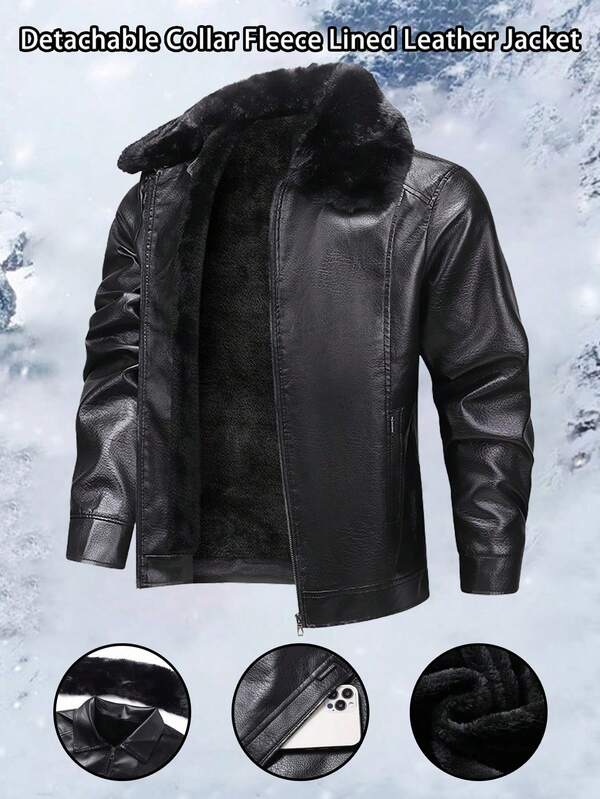 Men's Detachable Fur Collar Thermal Lined Warm Jacket, Casual Outdoor Business Coat,Fleece