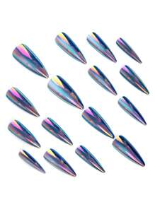 Transform Your Nails With 72pcs Long Stiletto French Style Modern Classic Simple Blue Aurora Gradient Solid Color Laser High Gloss Metallic Mirror,Pink Cateye Full Cover Fake Press On Nail Kit For Daily Wear And Party Will Give You Look A Cool