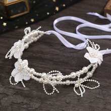 2pcs/Set Women's Handmade Floral Pearl Headband & Earrings Bridal Hair Accessories, Shiny White Flower Headpiece & Earclips Wedding Dress Decor