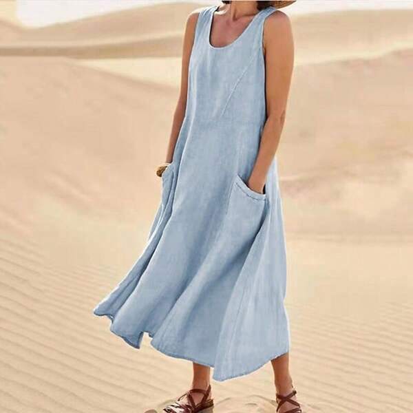 Robes d'été en coton et lin pour femmes, sans manches, col rond, avec poches, collection 2025