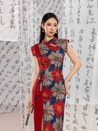 Faeriesty 女士奢华新款中式旗袍：立领 | 无袖 | 高开衩 - 适合正式宴会、婚礼、晚宴、红毯、商务活动